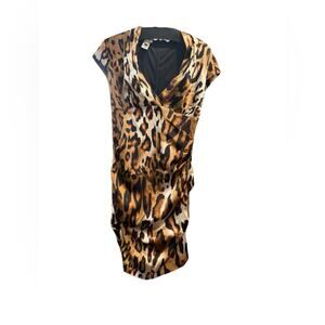 CACHE Leopard Print Ruched Satin Bodycon Dress - Size 10